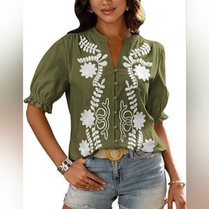 BTFBM Women's Olive Green Embroidered Cotton Blouse Boho Puff Sleeves Sz XL NWT